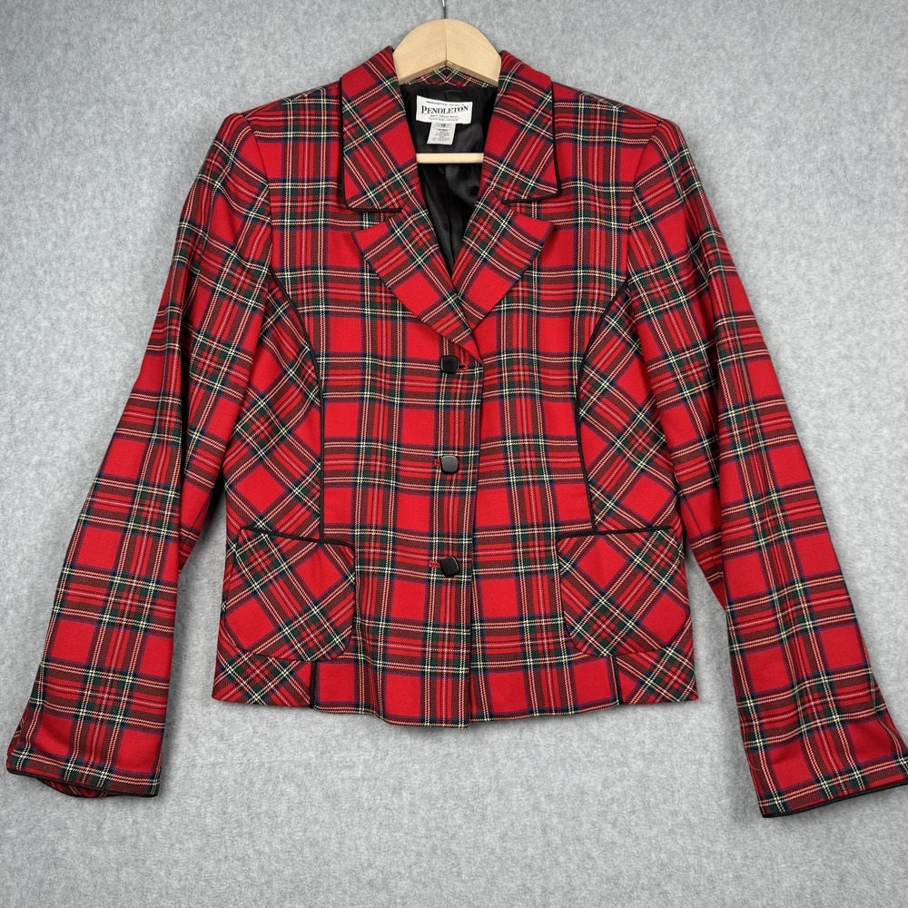 Pendleton Blazer Womens 12 Red Tartan Plaid 100% Virgin Wool Academia Jacket